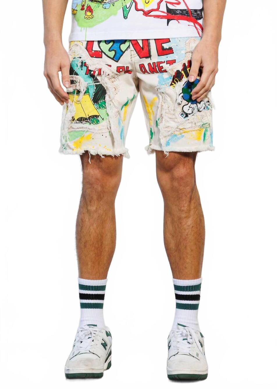 NEW FIRST ROW love your planet denim shorts in khaki multi